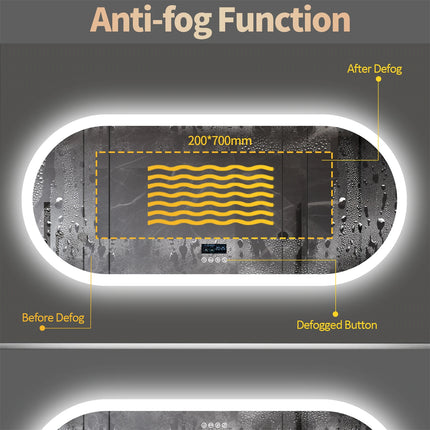 Large Bathroom Mirror Oval LED Vanity Mirror Wall Mounted w Bluetooth, Digital Display, Back Front Lit, Anti Fog for Hotel Hall