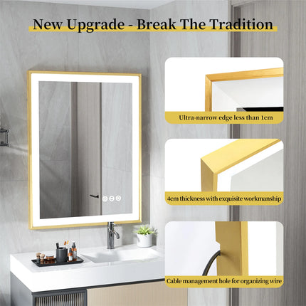 Smart LED Bathroom Mirror Demister Touch Sensor Gold Brushed Brass Frame Anti-Fog Vanity Wall Mirror 3 Sizes