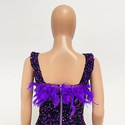 Spring And Summer Women's Clothing MINI Short Solid Color New Wind Sequins Halter Beach Dress One-word Shoulder Feathers Spice G