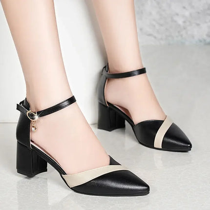 Women Sweet High Quality Beige Pu Leather Buckle Strap High Heel Shoes Lady Cool Comfort European Stylish Heel Shoes B9024