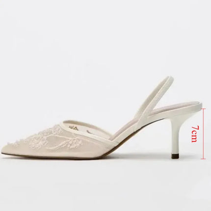 Brand Designer White Women Wedding Pumps Mesh Embroidered Flowers Back Strap