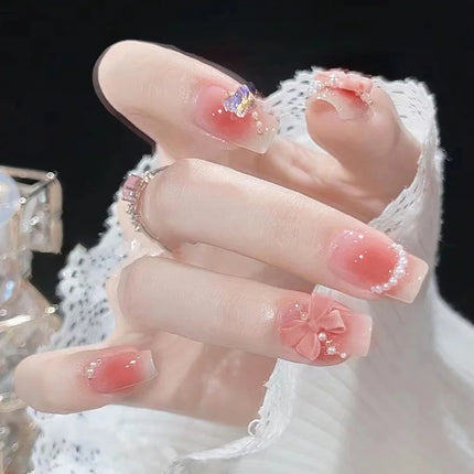Blush Pink False Nails Bowknot Diamond Pearl 3D Design Press on Nail Tips