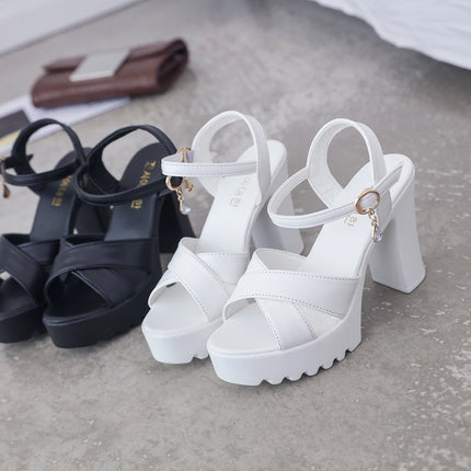 Sandals for Women One Word Summer 2024 Block Heel Ladies Shoes Wedge with Platform Waterproof Footwear Chunky Super-high Beige