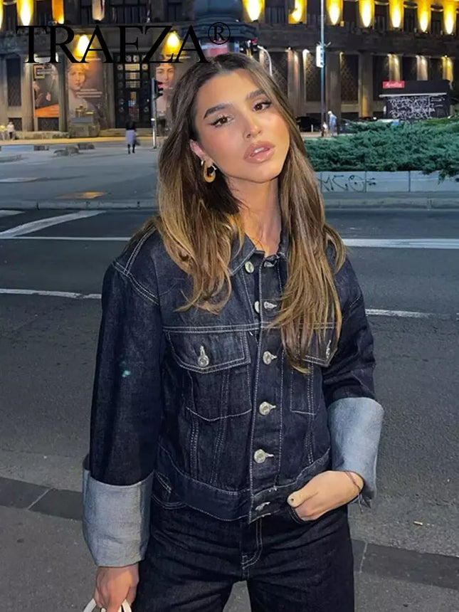 TRAFZA 2024 Autumn Female Vintage Denim Suit Long Sleeve Single Breasted Lapel Coat+High Waist Wide Leg Jeans Street Fashion Set
