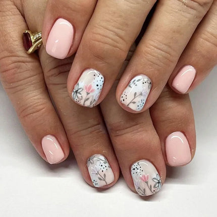 24pcs Short Square Press on Nails Jade Flower Sparkling