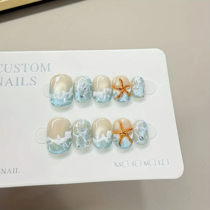 10pcs Handmade Press on Nails Summer Wave Ripple Starfish Full Coverage