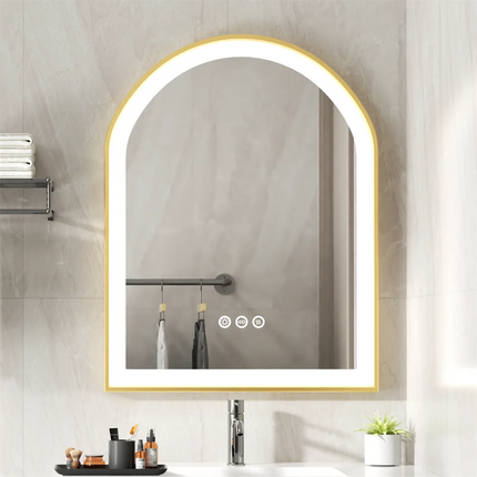 Gold LED Bathroom Mirror Large Wall Mounted Vanity Mirror 3 Colors Anti-Fog Dimmable Front Light Aluminum Frame 36x24" Arched