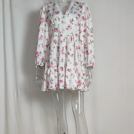 Luxury new elegant sweet print V-neck lace short long sleeve floral dress women