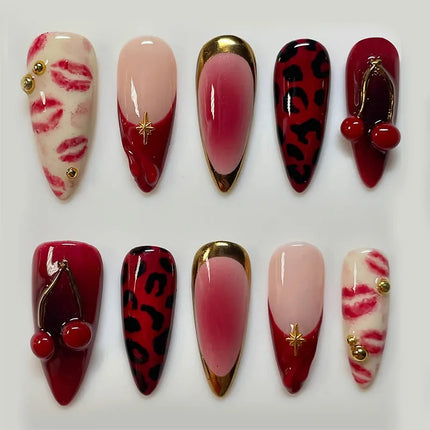 24PCS Wine Red Almond Press on Nails Cartoon Rabbit Bowknot