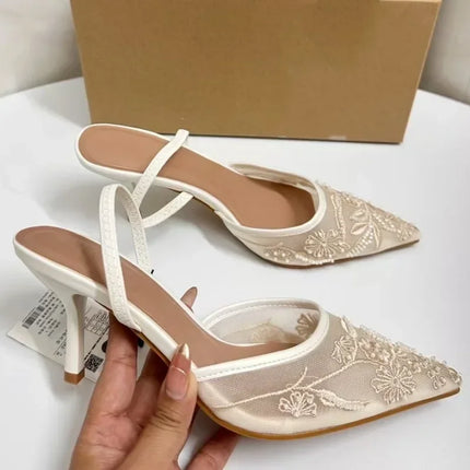 Brand Designer White Women Wedding Pumps Mesh Embroidered Flowers Back Strap
