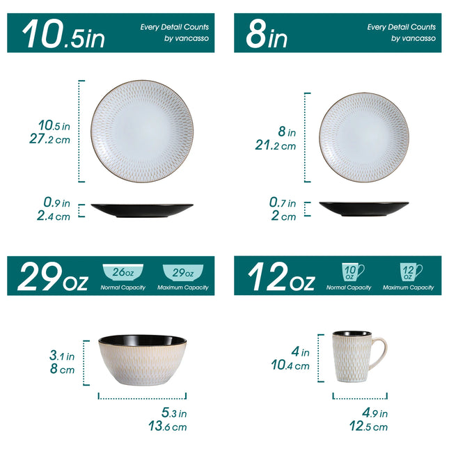 vancasso 16/32 Piece Beige Embossed Stoneware Tableware Set with 4PCS Dinner/Dessert Plate/Soup Bowl/Mug Service for 4/8/12