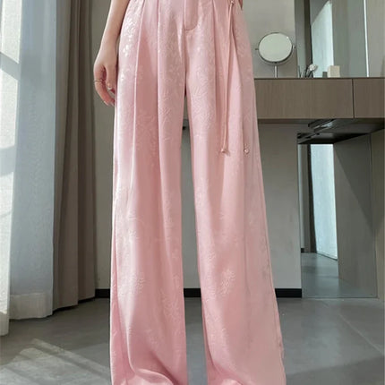 New Chinese Style Jacquard Wide Leg Satin Pants for Women Elegant Solid Office Lady Women's Casual Loose Pants Female