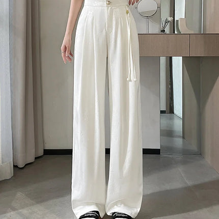 New Chinese Style Jacquard Wide Leg Satin Pants for Women Elegant Solid Office Lady Women's Casual Loose Pants Female