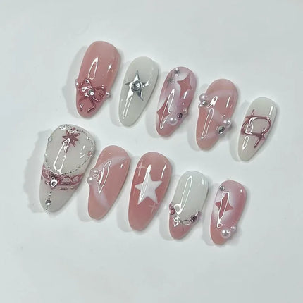 24PCS Wine Red Almond Press on Nails Cartoon Rabbit Bowknot