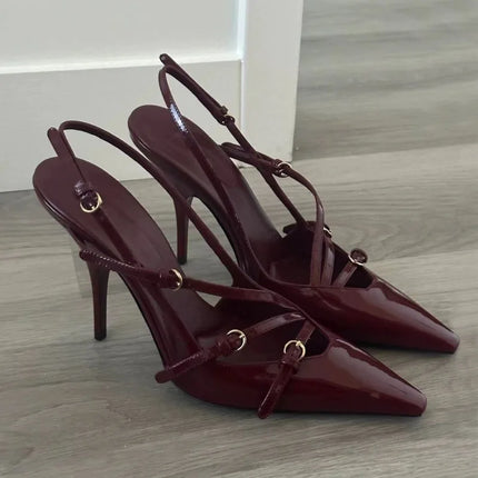Black Silk Pointed One-line Buckle Skinny Heel Sandals, Women's Shoes