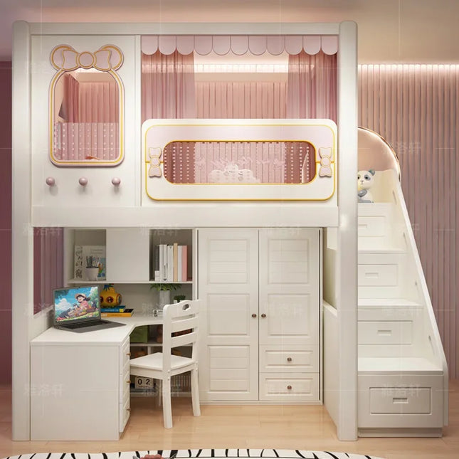 Children's bunk bed High and low bed Upper and lower table With desk Wardrobe Integrated bed Girl Princess Staggered combina