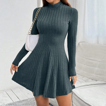 Mia Muse Women's Dresses Fall Winter Simple Solid Color Long Sleeve Mock Neck A Line High Waisted Flare Hem Casual Short Dresses