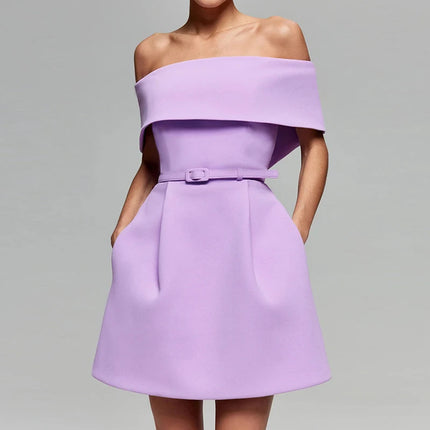 Slash Neck Off The Shoulder Solid Mini Dress, Women Spring Summer Patchwork Simple Party Dress, 2024 Short Sleeve Ladies Dress