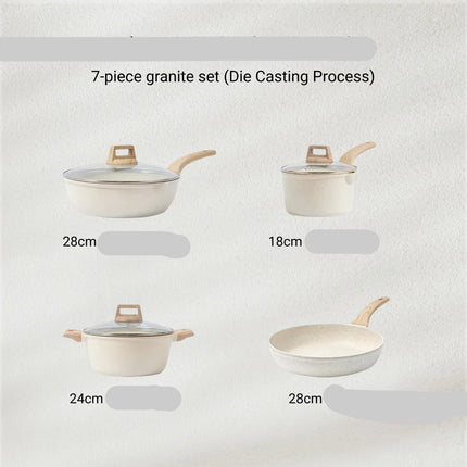 Set of four granite cookware pieces with lids on a light gray background