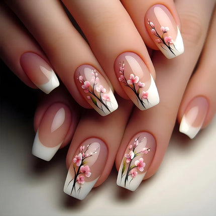 24pcs Short Square Press on Nails Jade Flower Sparkling