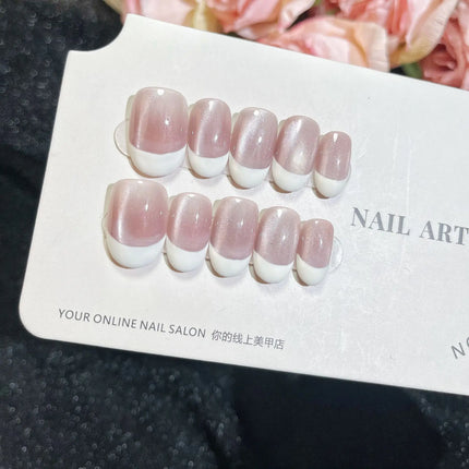 10pcs Pink French Handmade Nails Short French style Handmade Wear Nail for Women&Girl Whitening