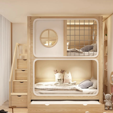 bunk bed tree house second floor same width children's  boy high and low  wood color child and mother slide