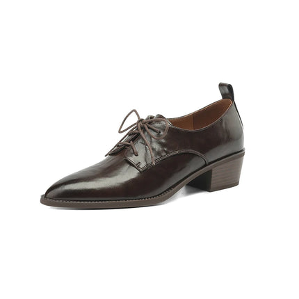 EAGSITY Cow leather lace up pointed toe oxford shoes women shoes block Heel Women high heel derby shoes outdoor sneaker