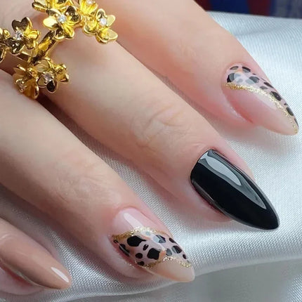 24pcs Leopard Print Almond Fake Press on Nails with Mini Flower Acrylic
