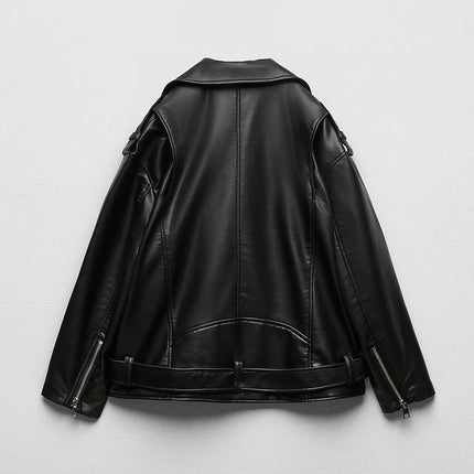 Women Loose Motorcycle Biker Black Pu Faux Leather Jacket with Belt Spring Autumn Female Zipper Coat Outwear