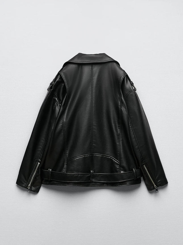 Women Loose Motorcycle Biker Black Pu Faux Leather Jacket with Belt Spring Autumn Female Zipper Coat Outwear