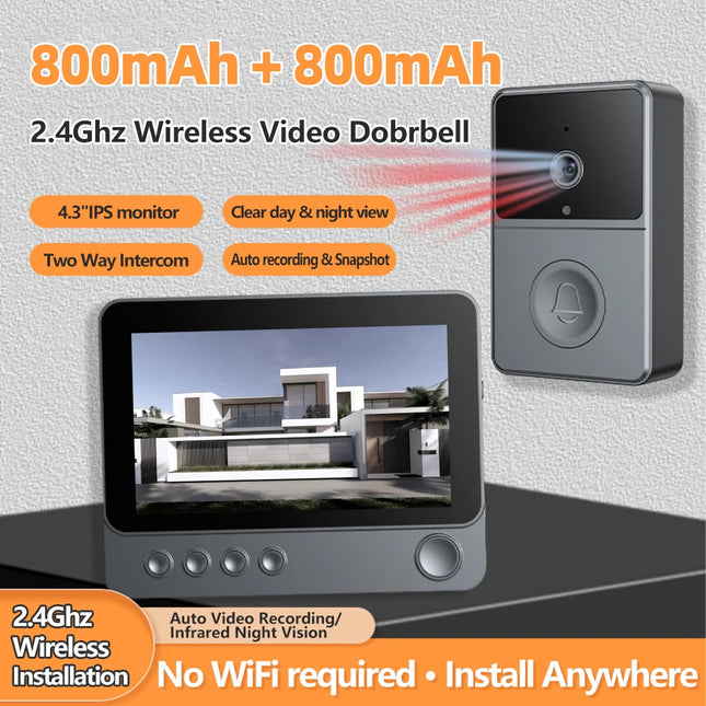 2.4Ghz Wireless Two Way Audio Infrared Night Vision Door Monitoring Doorbell Video Intercom Camera 4.3" IPS Screen 640x480P View