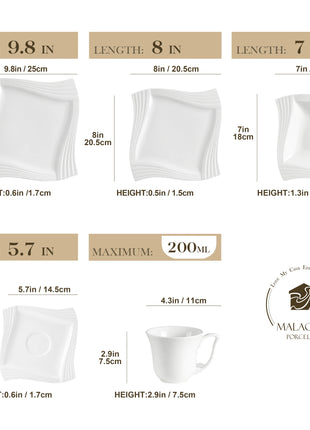 MALACASA Amparo 30/60 Piece White Porcelain Dinnerware Set Cups Saucers Dessert Soup Dinner Plates Service for 6/12 Persone
