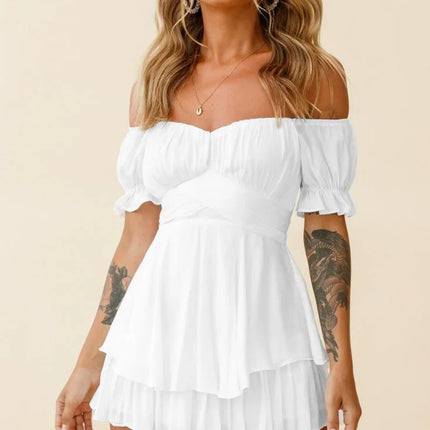 2024 Short Sleeve White Dress Women‘s Summer Dress Fashion Ruffle Mini Dress Sexy Strapless Dress