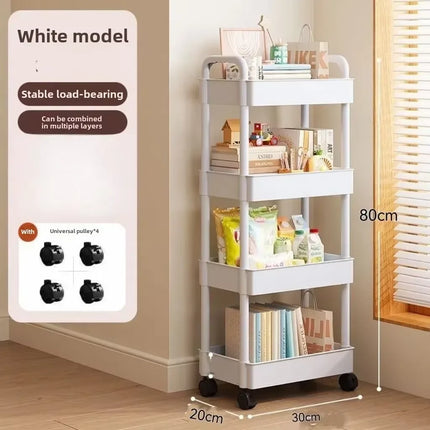 Multifunctional White Rolling Storage Cart:Open Shelves for Living Spaces Book Display,Ideal for Kitchen,Bedroom Storage Decor