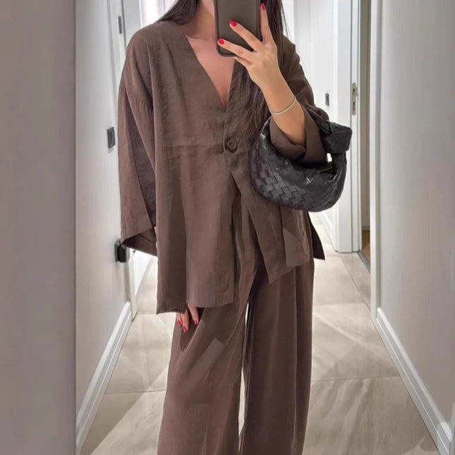 Casual Cotton Linen Loose Long Pants Suits Fashion Half Bubble Sleeve V-neck One Button Shirt Sets