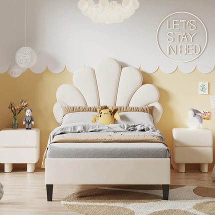 90 x 200 cm Single Bed for Teenagers and Adult , Beige Velvet Fabric with Flower-shaped Headboard and Slatted Frame