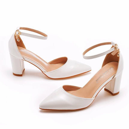Crystal Queen Women 7CM Thick High Heels Sexy Pumps White Wedding Bride Shoes Pointed Toe Buckle Strap Sandals