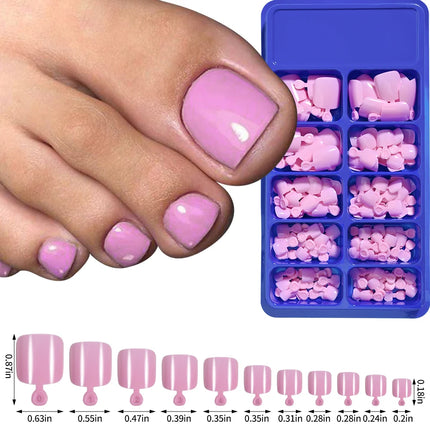 144pcs Short Square False Toe Nails Lake Blue/White/Red/Nude Press