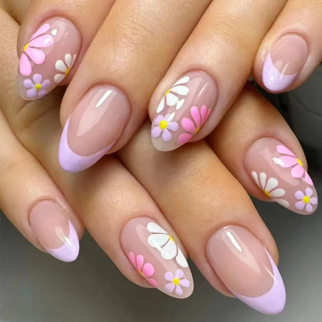 24Pcs Short Almond Press-On Nails Pink Floral French Tip Glossy&Elegant Full Cover