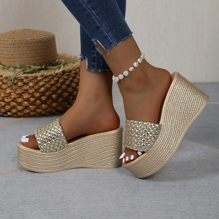 Wedges Slippers for Women Platform Sandals Woman Summer Chunky Golden Round Head Woman Thick Sole Beach Shoes Size 35-44