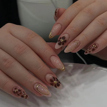 24pcs Leopard Print Almond Fake Press on Nails with Mini Flower Acrylic