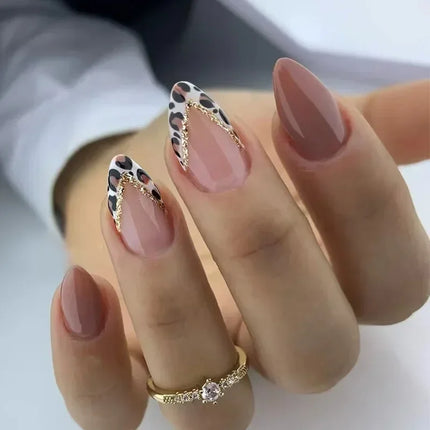 24pcs Leopard Print Almond Fake Press on Nails with Mini Flower Acrylic