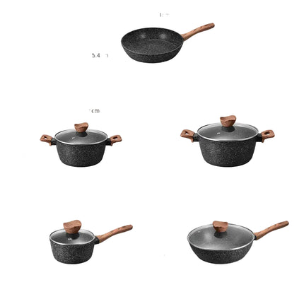 Set of cookware with dimensions labeled on a white background