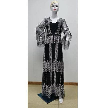 Sequined Maxi Dress with Belt, Large Swing Type, Loose Full Flare Sleeve, Summer Dress, Banquet
