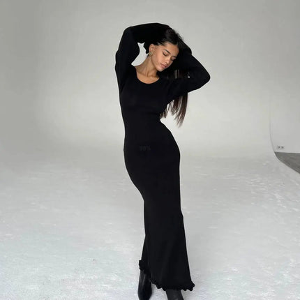 Cryptographic Elegant Knitted Sweater Maxi Dress Outfits for Women Flare Sleeve Sexy Backless Dresses Edible Tree Fungus Clothes