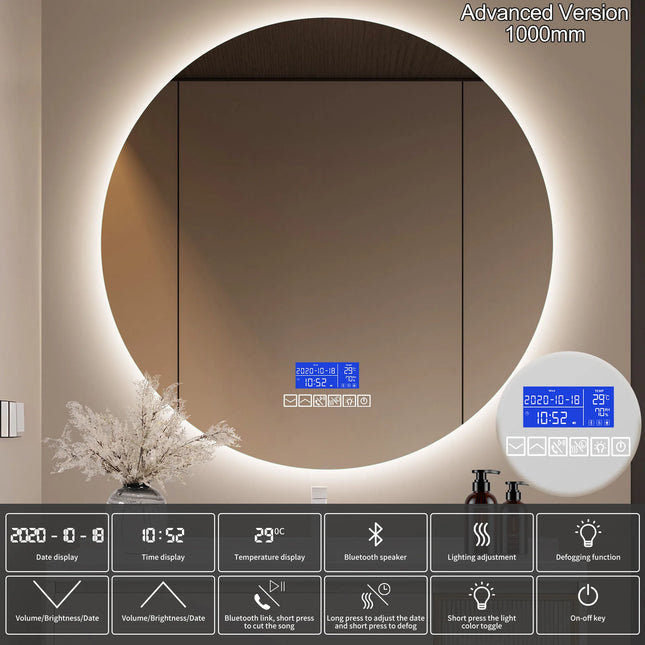 Multi Functional Circular Bathroom Mirror, Wall Mirror with Temperature Display, Defogging Function, and Brightness Adjustment