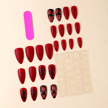 24Pcs Autumn Winter Matte Almond False Nails with Glue Rose
