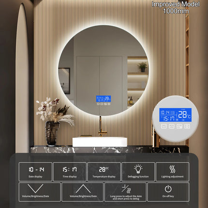 Multi Functional Circular Bathroom Mirror, Wall Mirror with Temperature Display, Defogging Function, and Brightness Adjustment