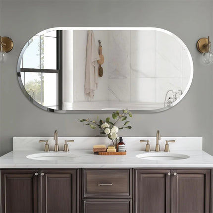 LUVODI Frameless Long Oval Bathroom Vanity Mirror Silver Glass Wall Decor Mirror with Beveled Edge for Bathroom Entryway