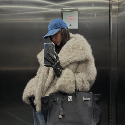 Coat Women High Street Luxury Big Fur Collar Faux Fox Fur Jacket Female,